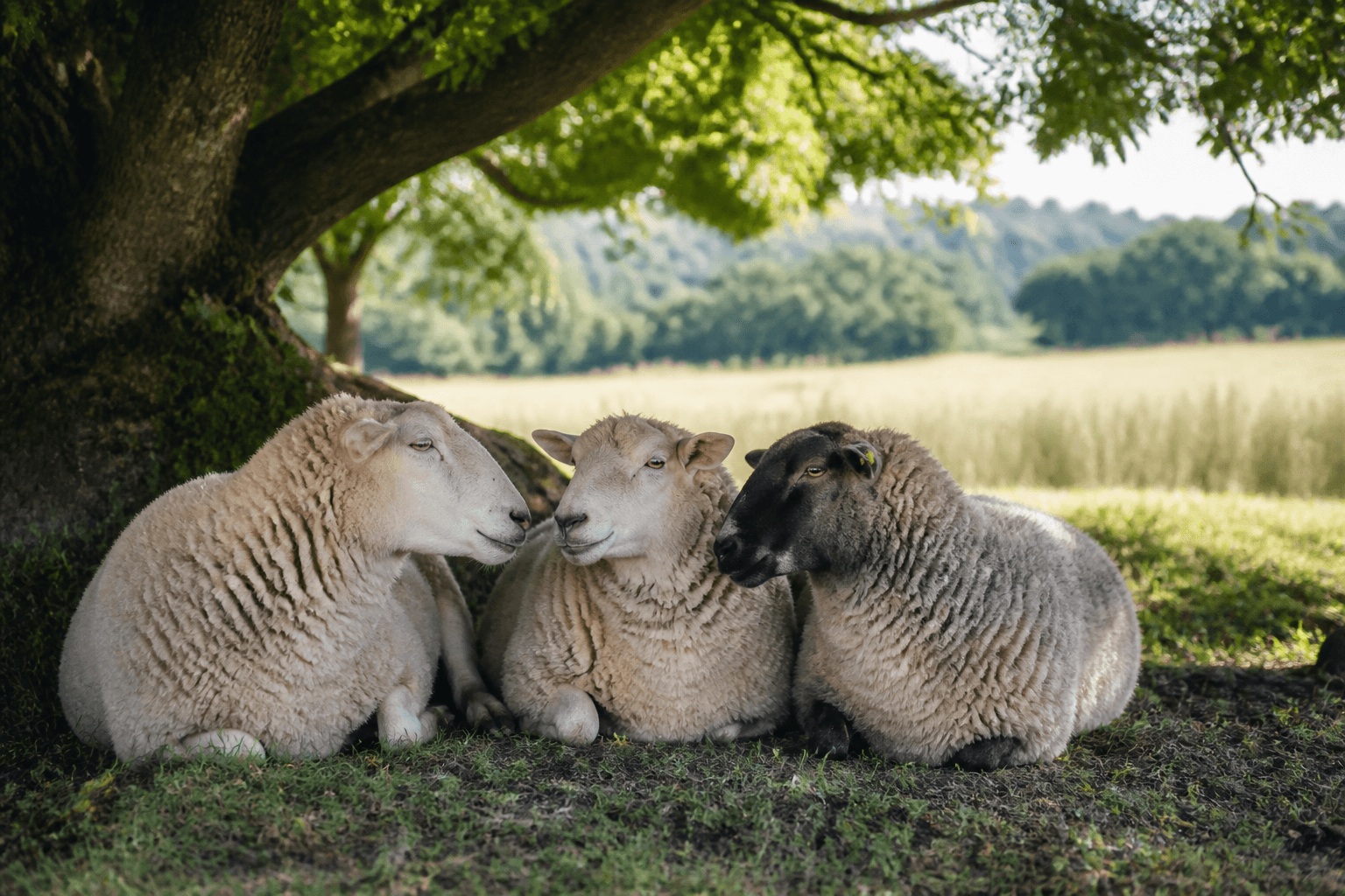 Three sheep resting closely together beneath a shady tree
