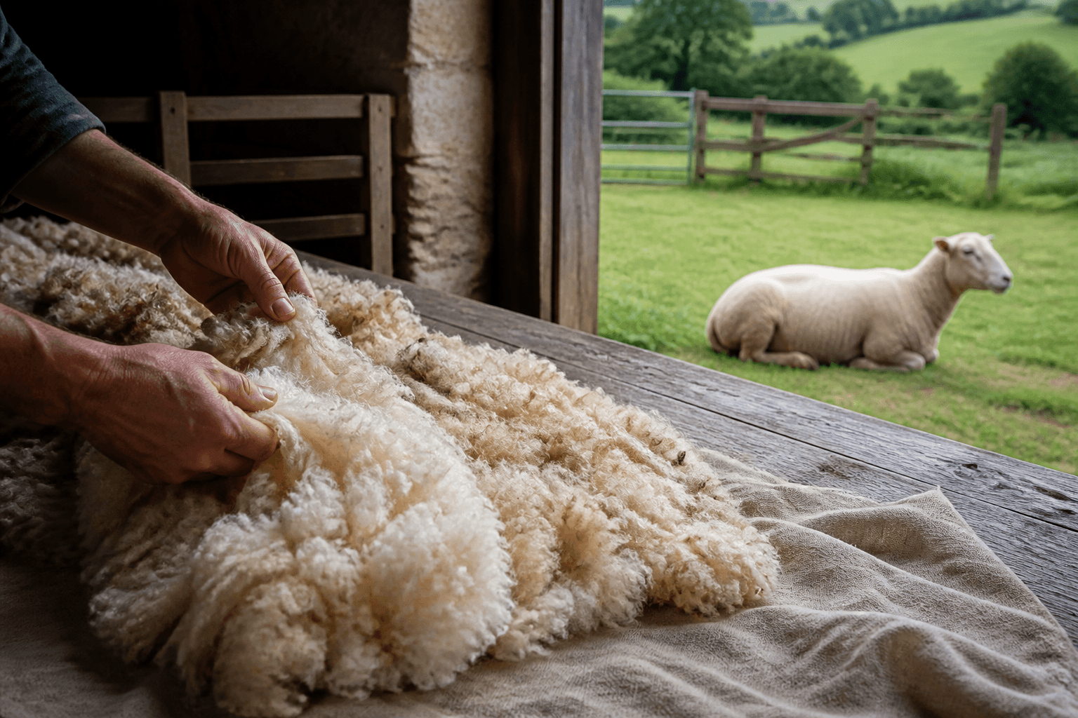 Hands examining a freshly shorn fleece on a wooden sorting table