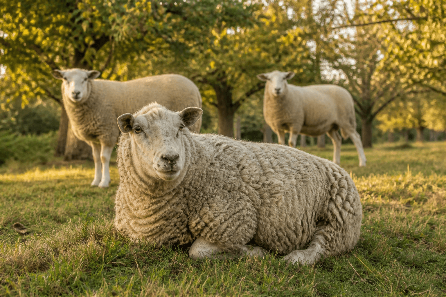 An older ewe resting comfortably with younger flock companions nearby