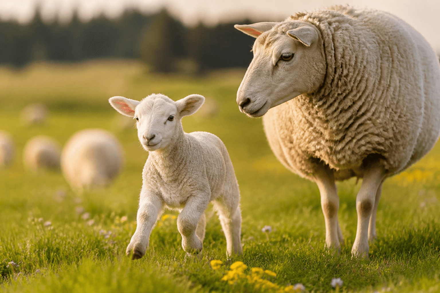 A young lamb exploring spring pasture beside its mother ewe
