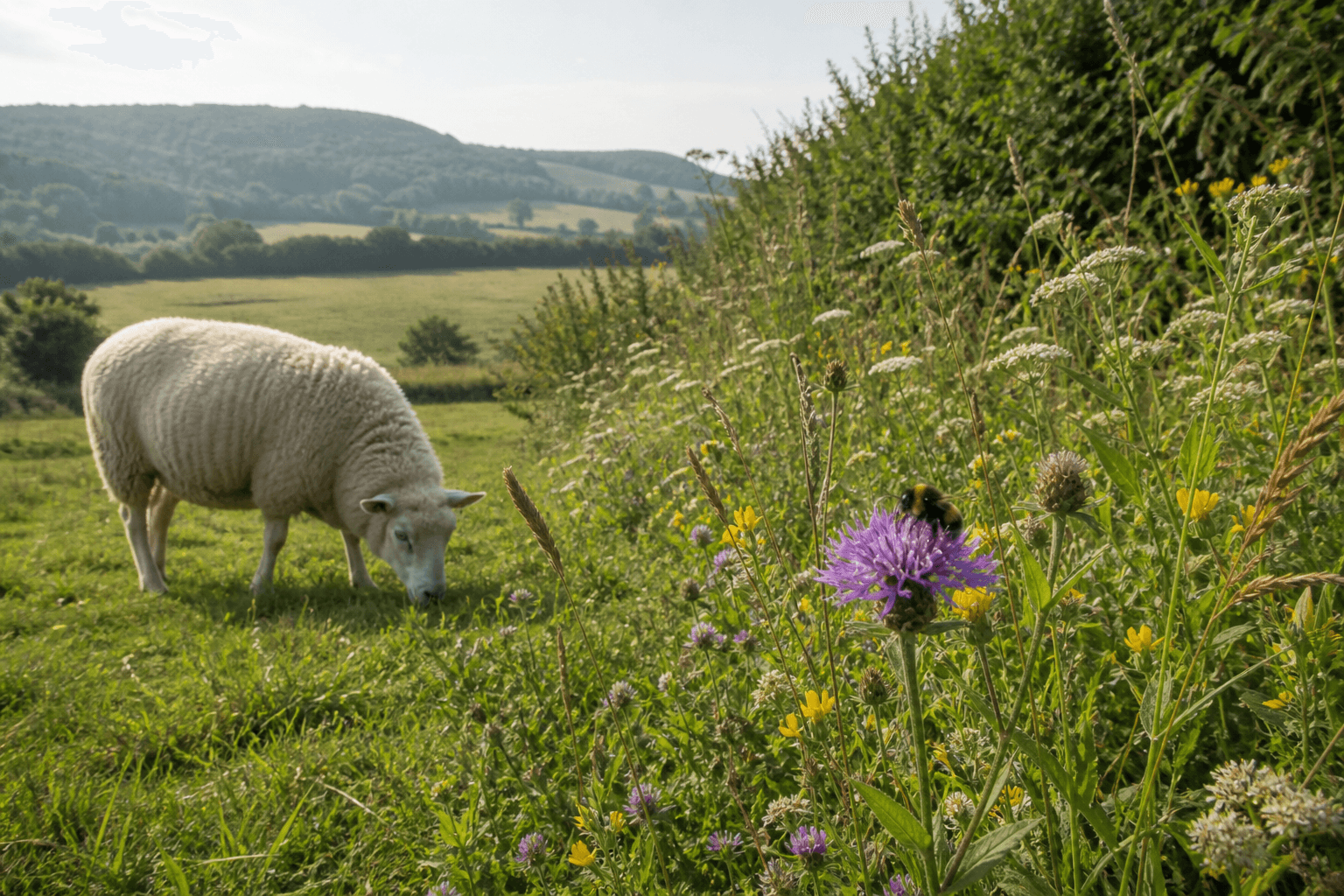 A sheep grazing beside a wildflower field margin visited by a bumblebee