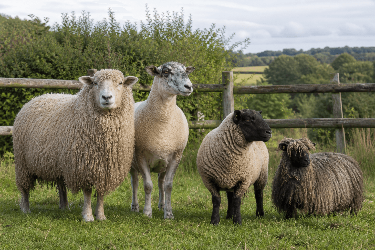 Four distinctive sheep breeds standing together in pasture