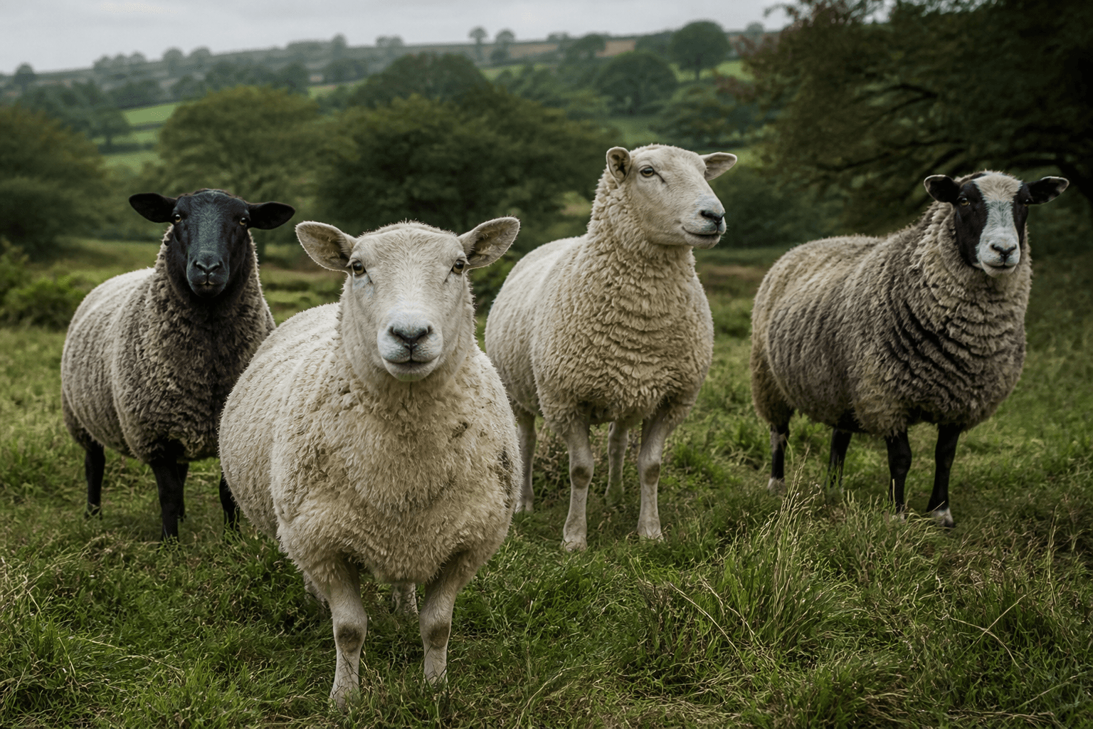Four attentive sheep with distinct faces and postures in a green meadow