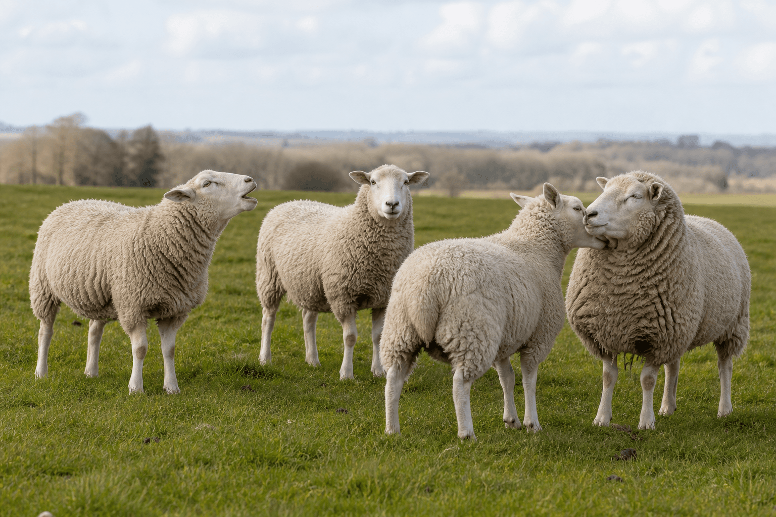 A small flock using different natural postures and vocalising in pasture
