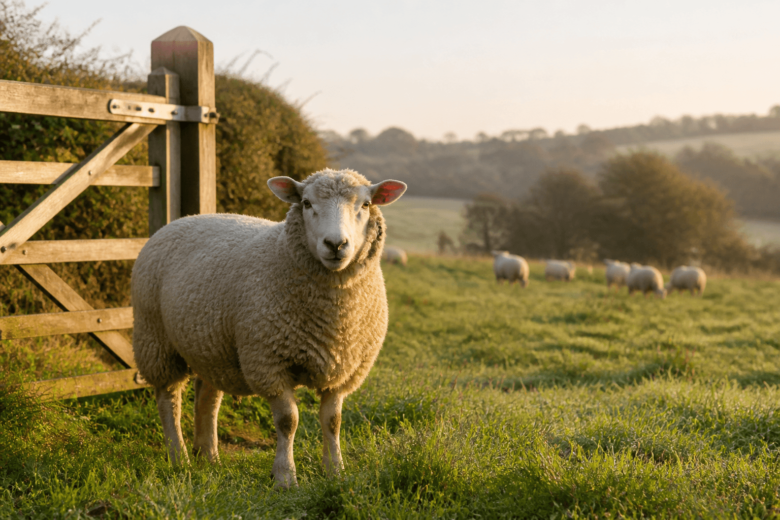 A named sheep standing beside a wooden gate in morning pasture