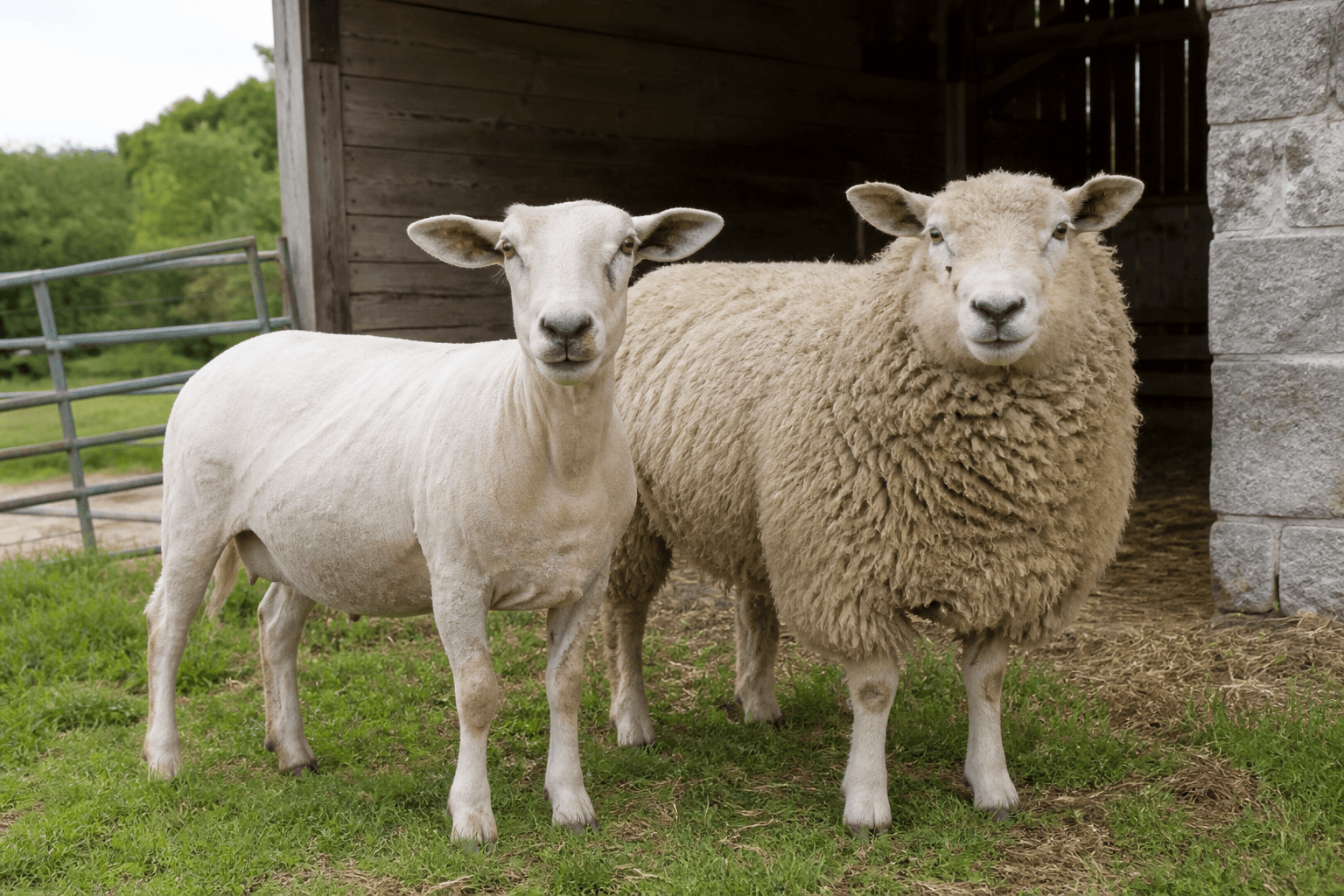 A freshly shorn ewe beside a sheep carrying a full fleece